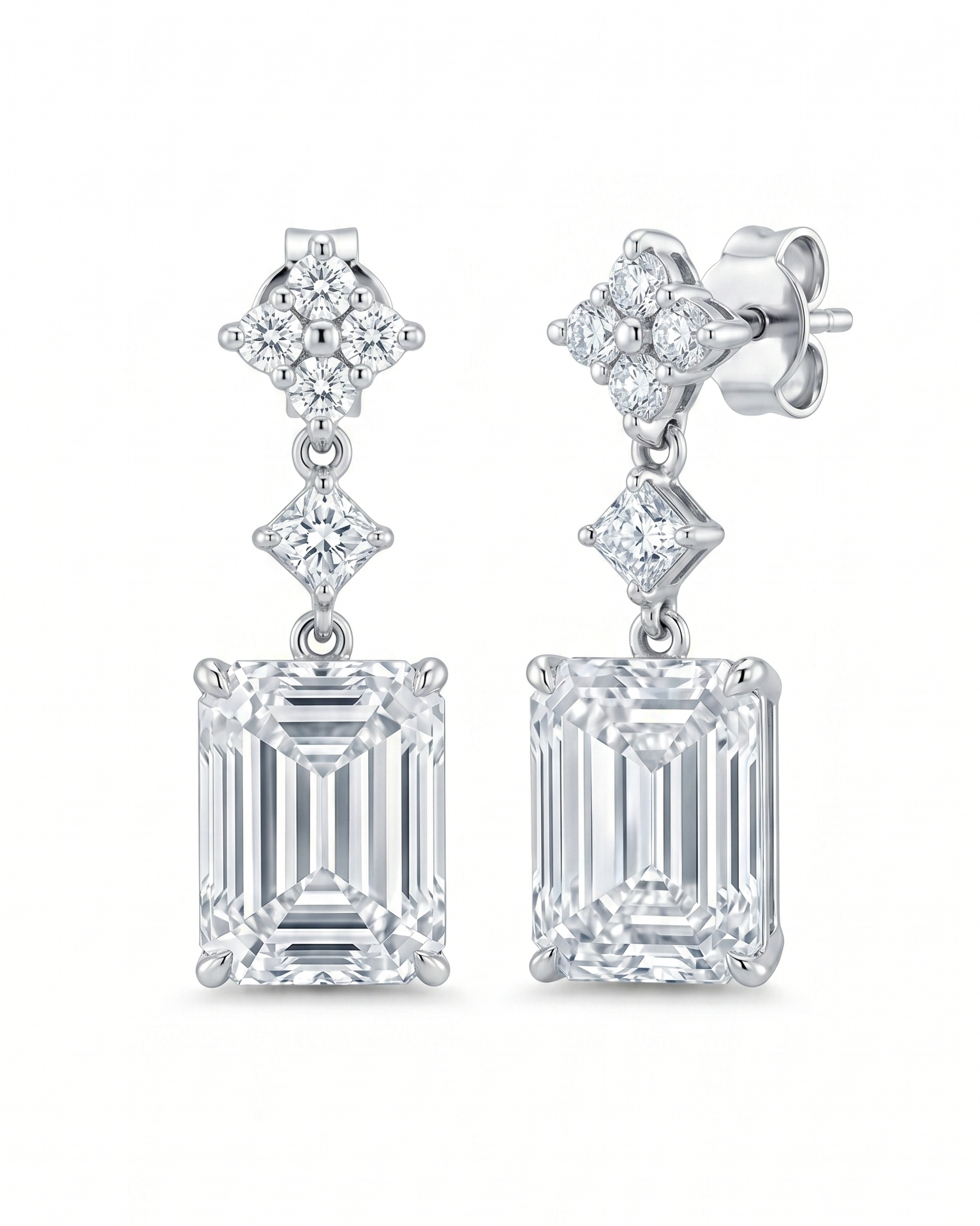 Round and Emerald-Cut Diamond Drop Earrings