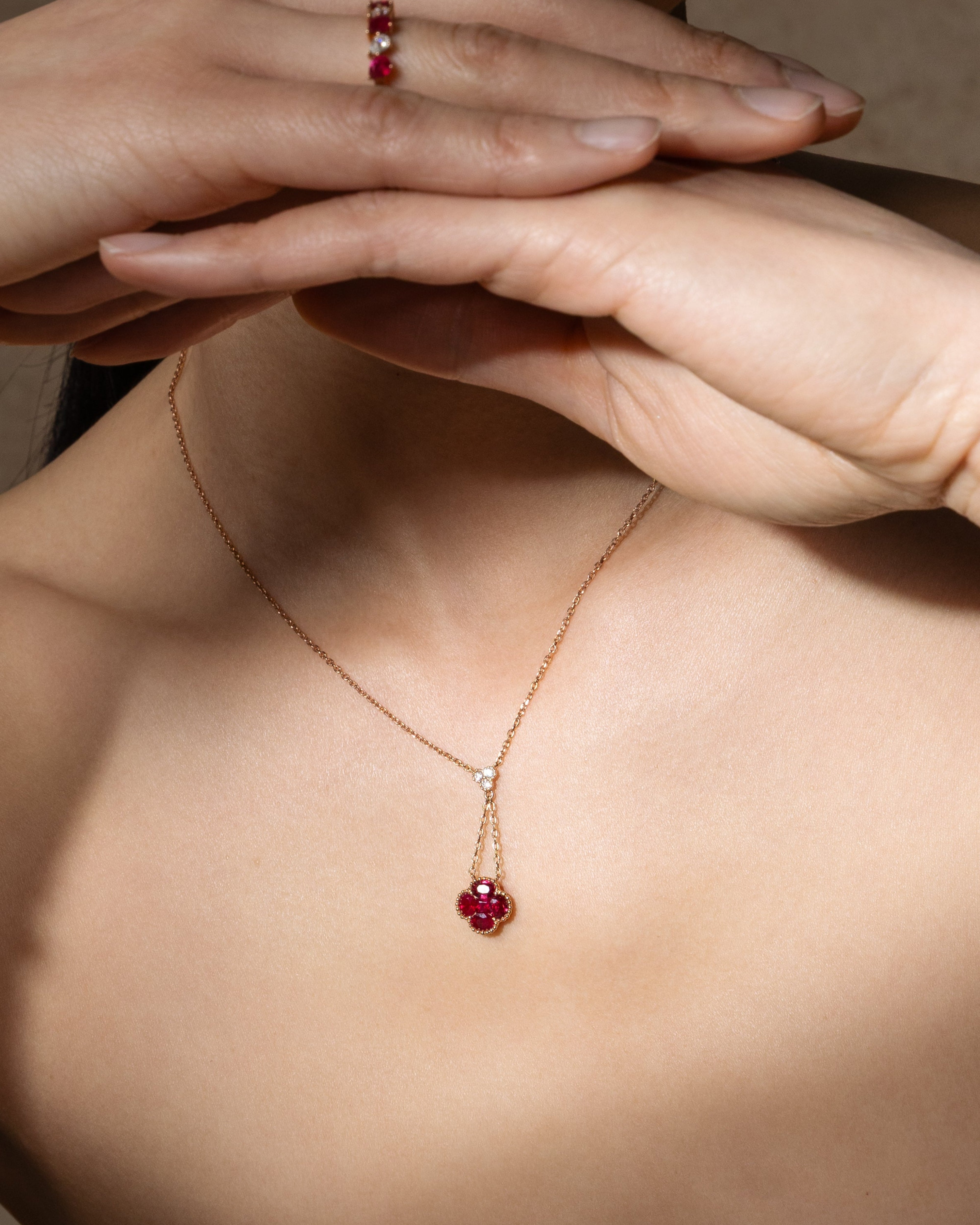 Ruby Clover and Diamond Drop Necklace