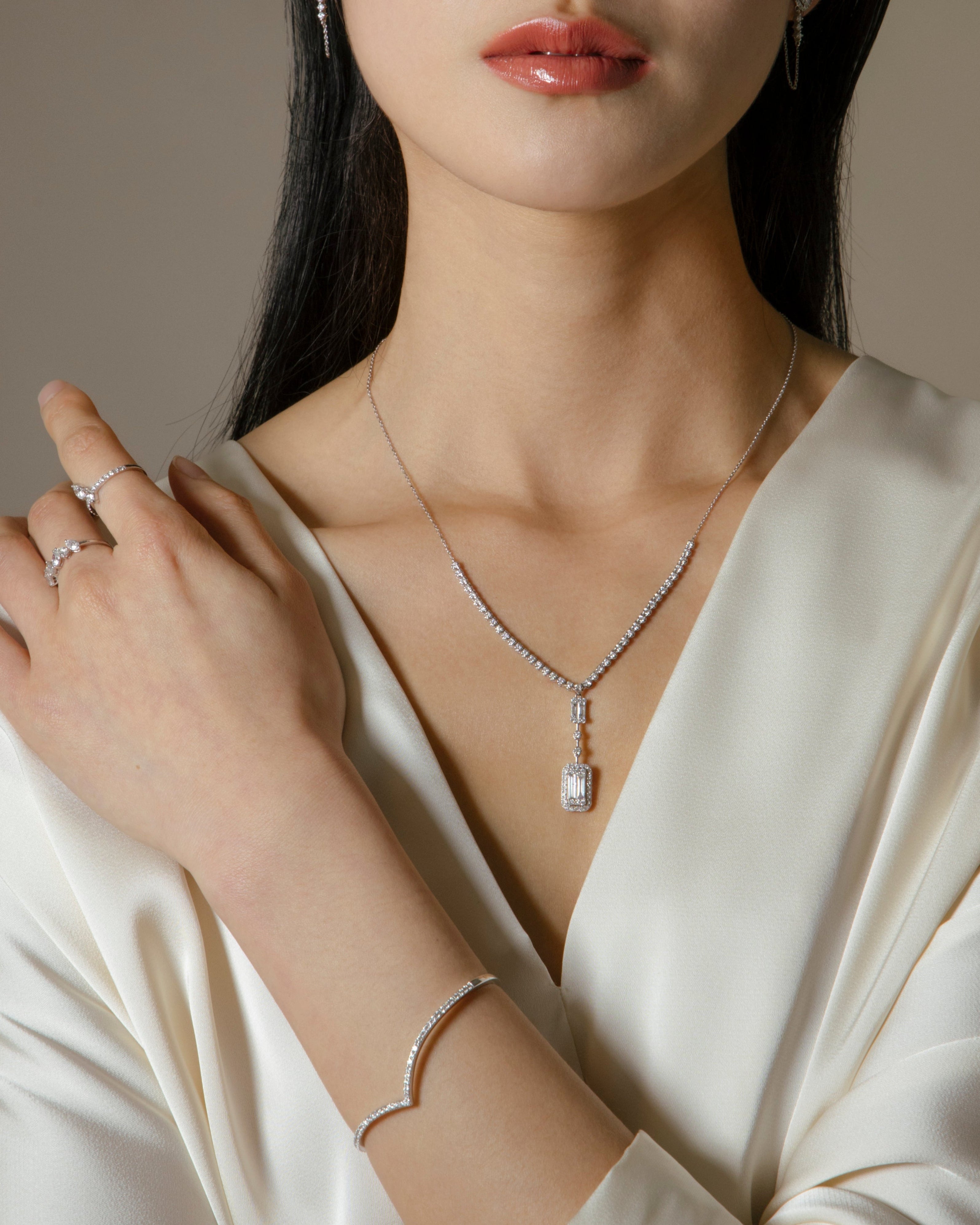 Illusion Emerald Diamond Long Drop Necklace