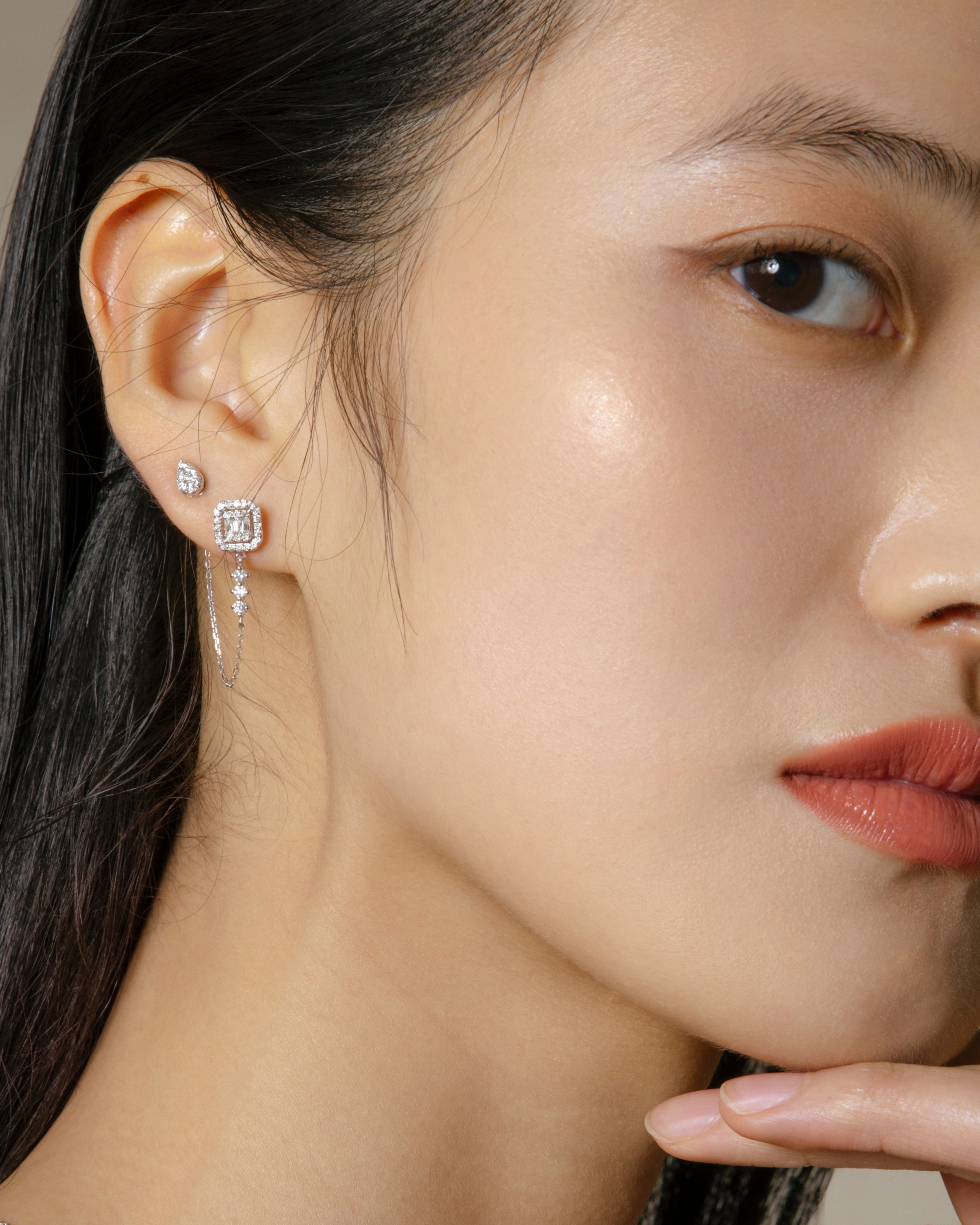 Illusion Emerald Diamond Stud Chain Earrings