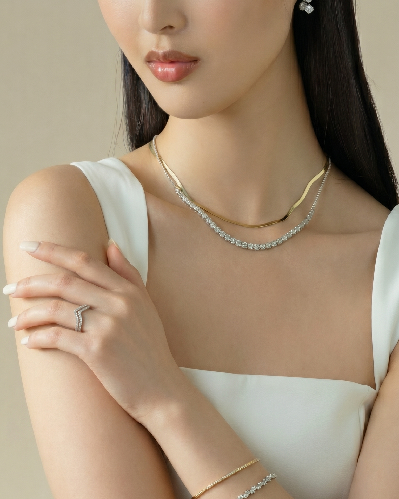 Double Line V-shaped Half Band Diamond Ring