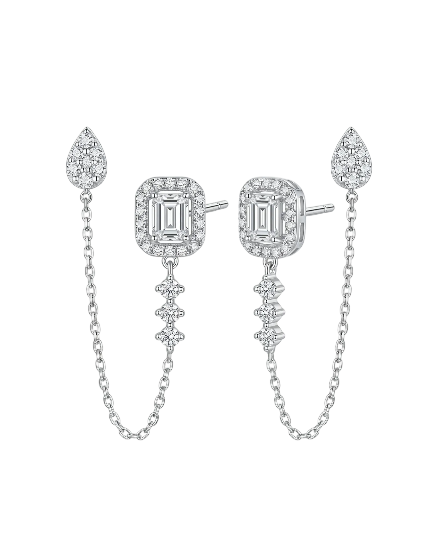 Illusion Emerald Diamond Stud Chain Earrings