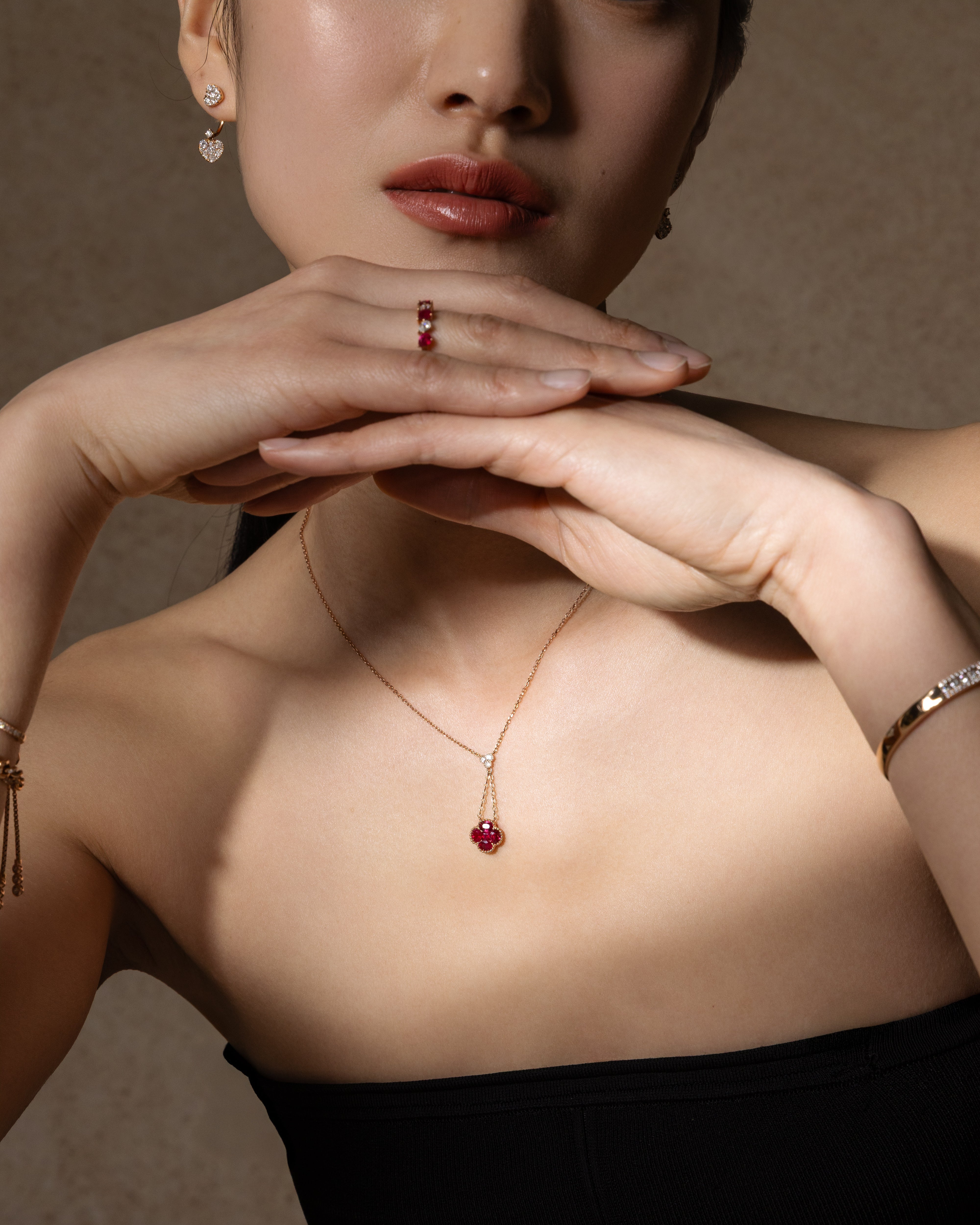 Ruby Clover and Diamond Drop Necklace