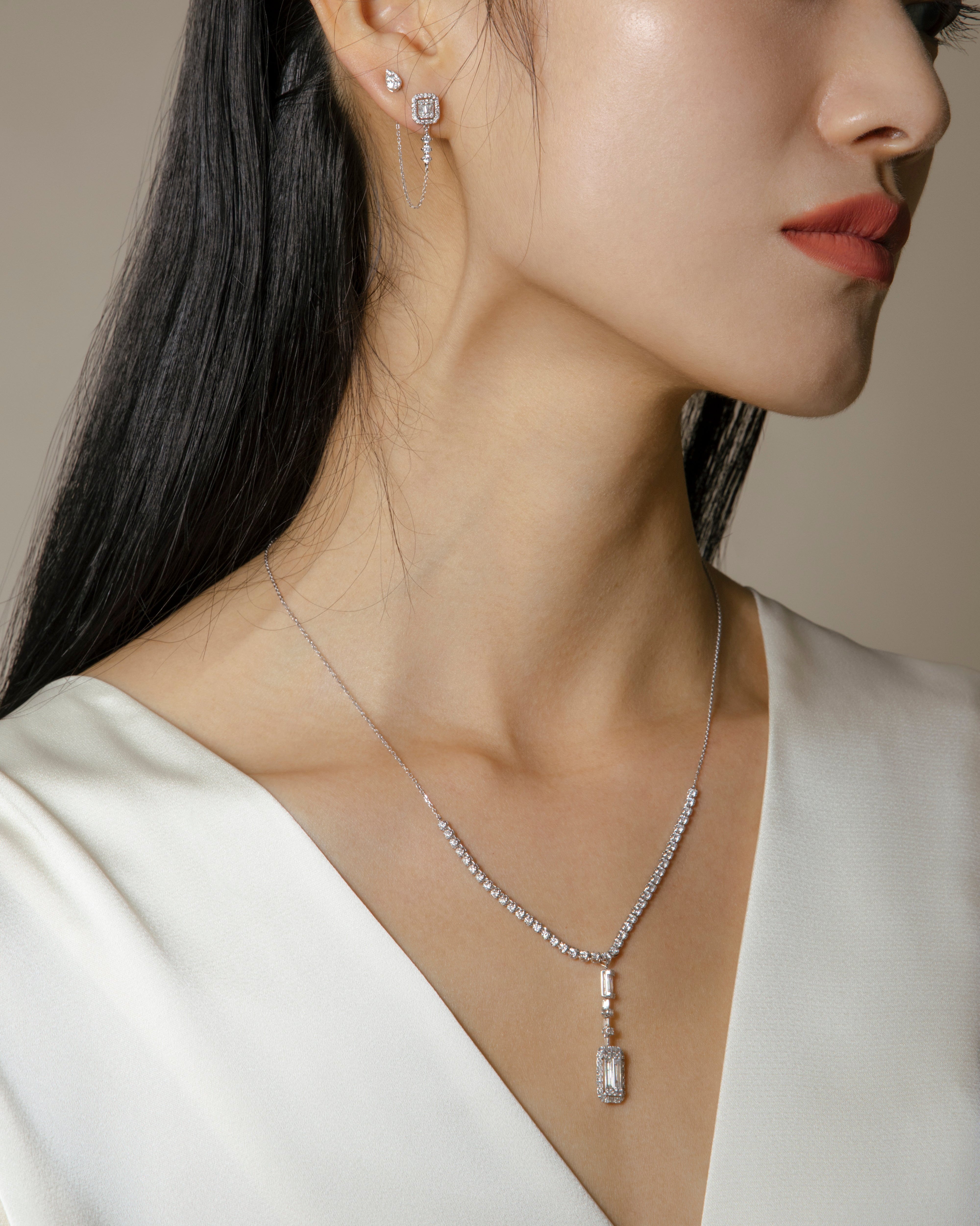 Illusion Emerald Diamond Stud Chain Earrings